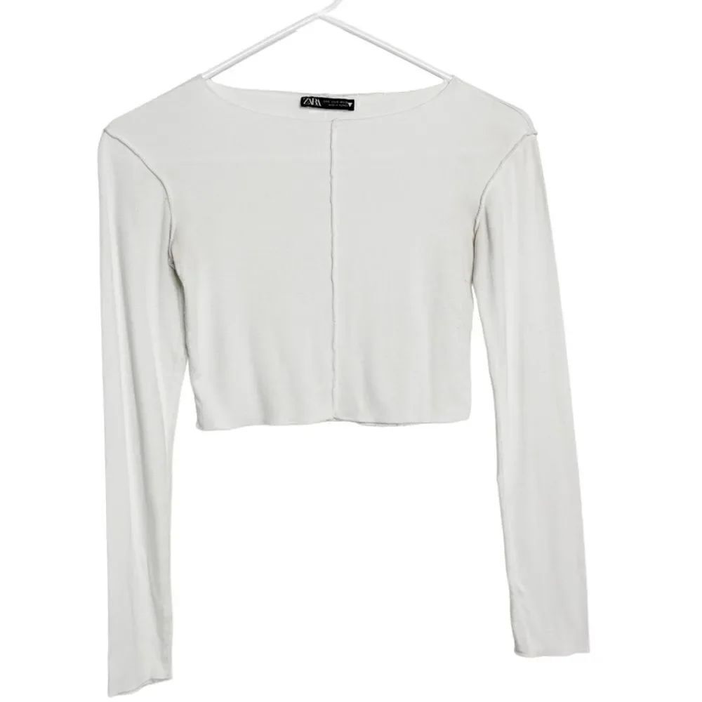 Zara Raw Edge Cropped Long Sleeve Top White Size Small